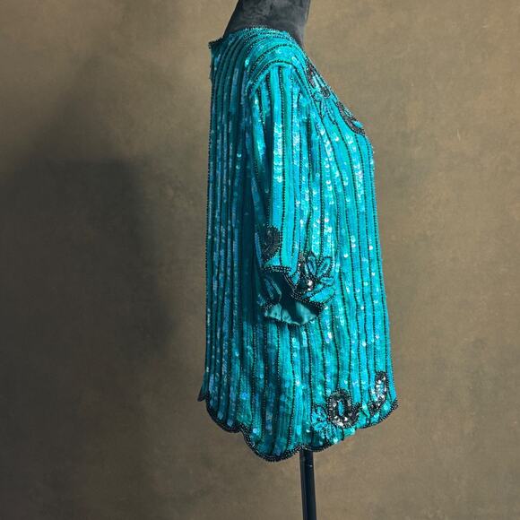 Royal Feelings Vintage Silk Sequin Beaded Top XL Teal Black Evening Party Blouse - Picture 4 of 15